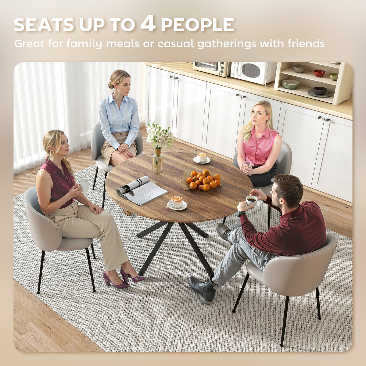 47" Round Kitchen Table for 4, Industrial Dining Table with Steel Legs for Dining Room, Dark Brown and Black