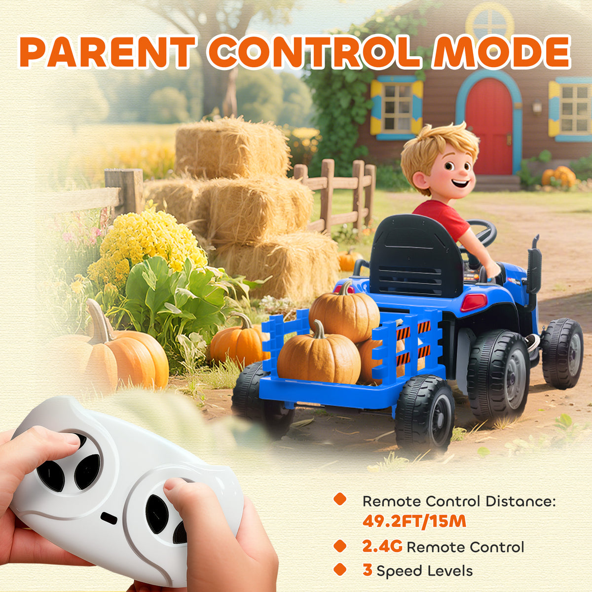 Qaba 12V Kids Ride On Tractor with Trailor, Remote Control, Music, Lights, Shifter, for Kids Ages 3-8 Years