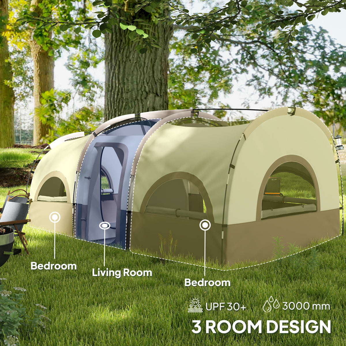 4 Person Camping Tent, 3 Room Cabin Tent, 3000mm Waterproof and UPF30+ with Sewn in Groundsheet and Carry – view 10