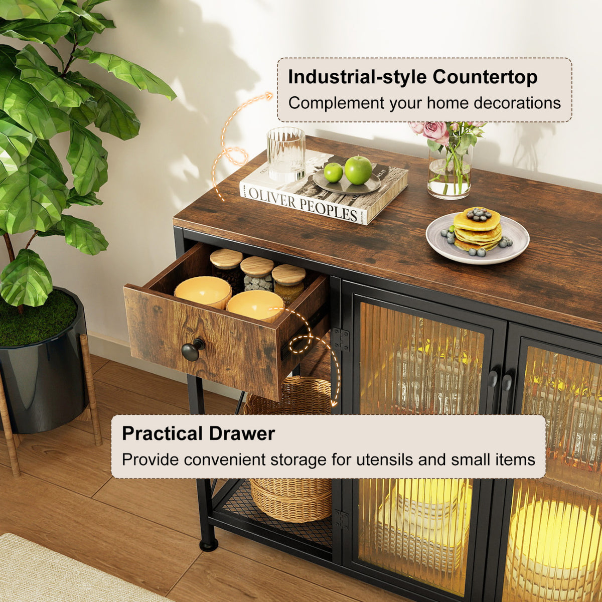 Buffet Sideboard with Doors Power Outlets and LED Light-Rustic Brown view 9