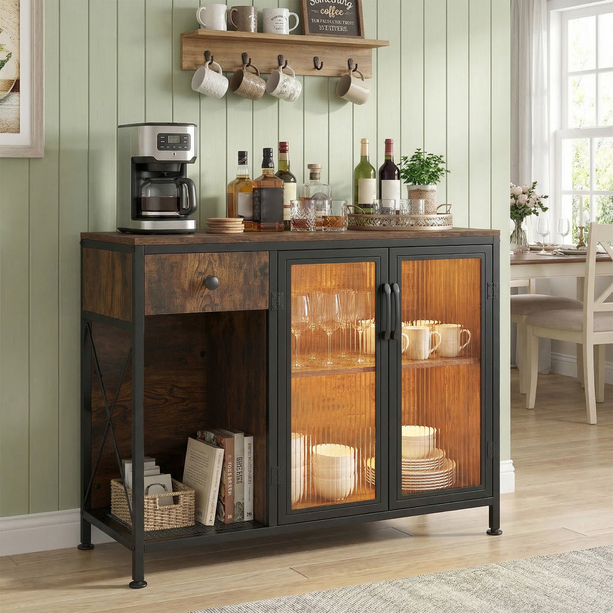 Buffet Sideboard with Doors Power Outlets and LED Light-Rustic Brown view 2