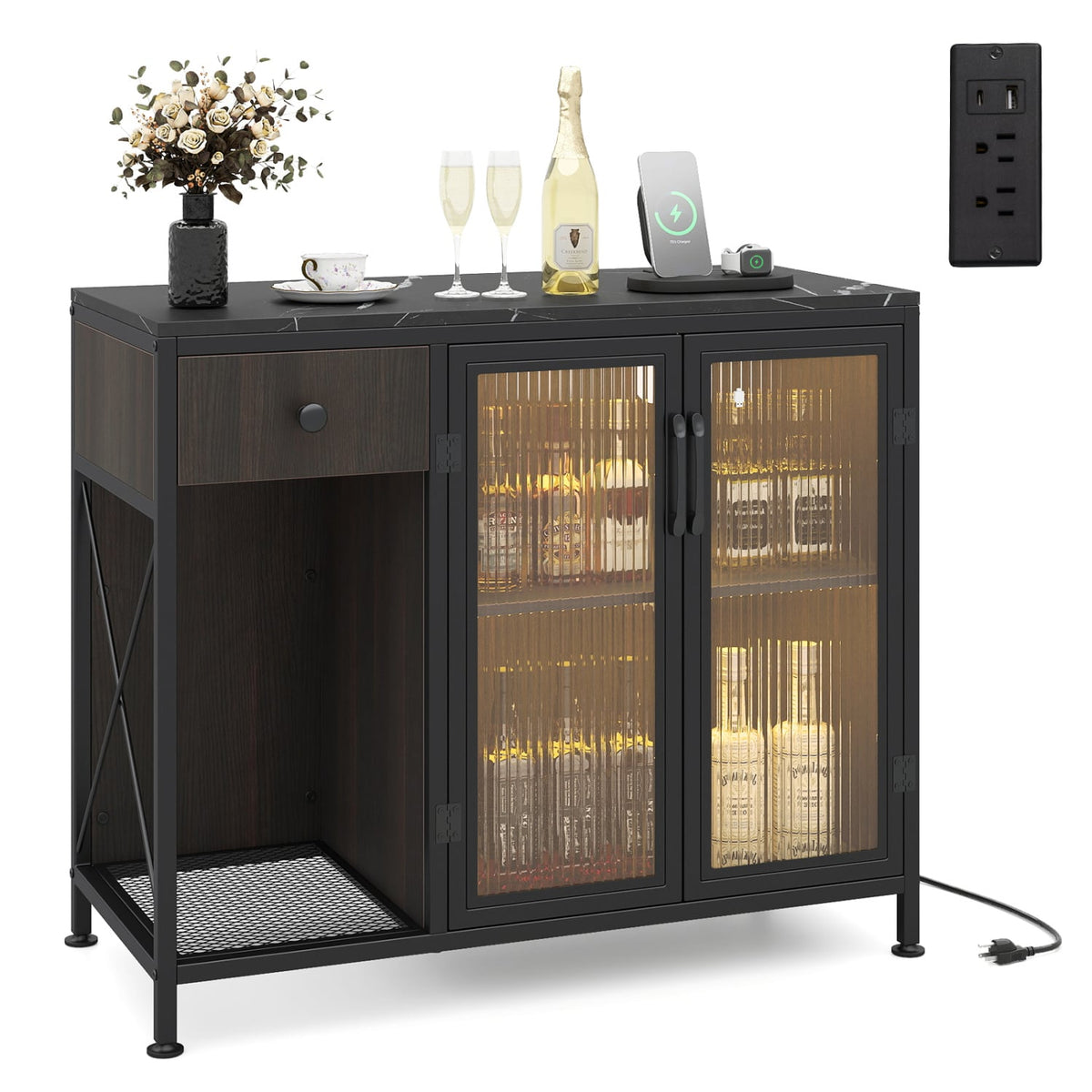 Buffet Sideboard with Doors Power Outlets and LED Light-Black view 4