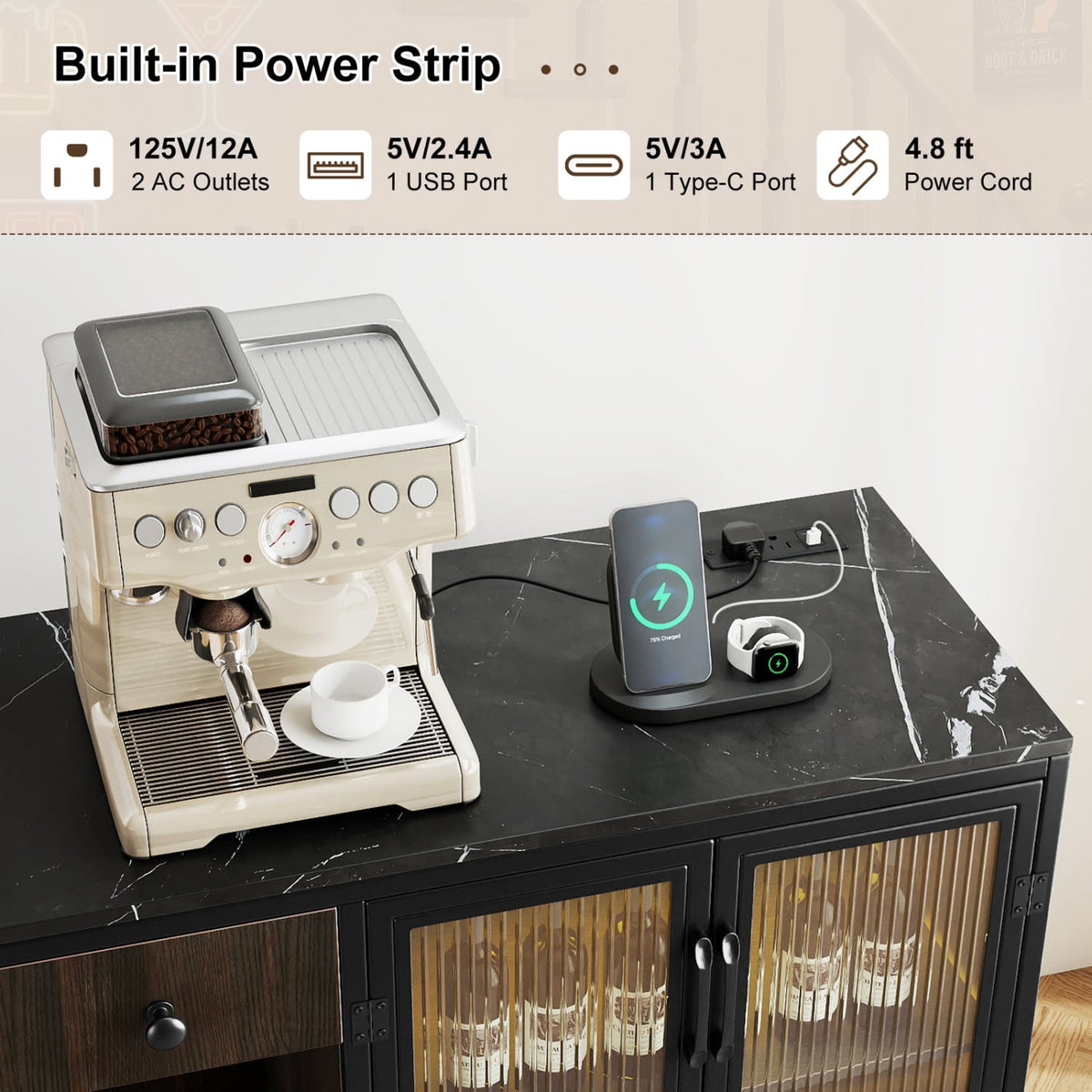 Buffet Sideboard with Doors Power Outlets and LED Light-Black view 7