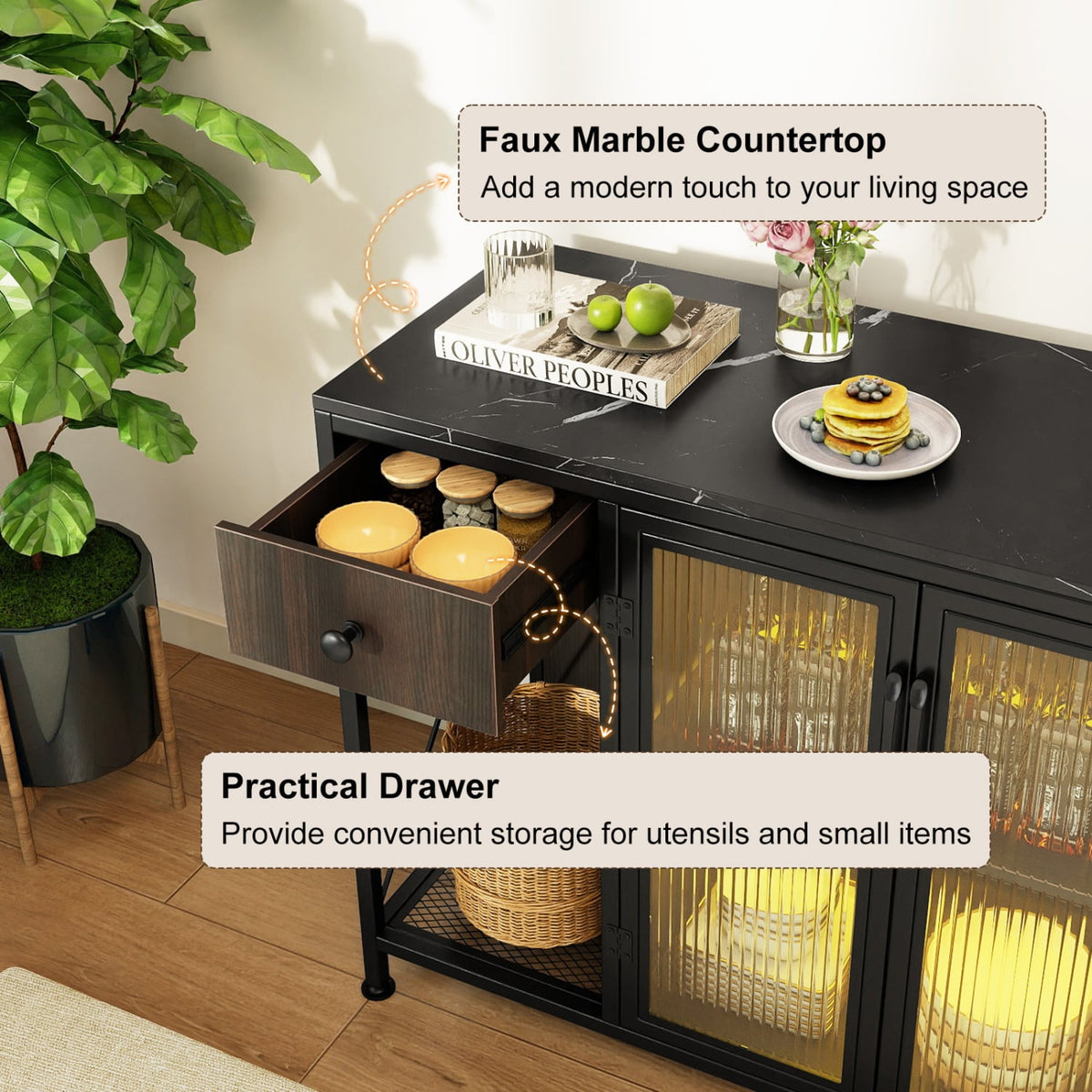 Buffet Sideboard with Doors Power Outlets and LED Light-Black view 8