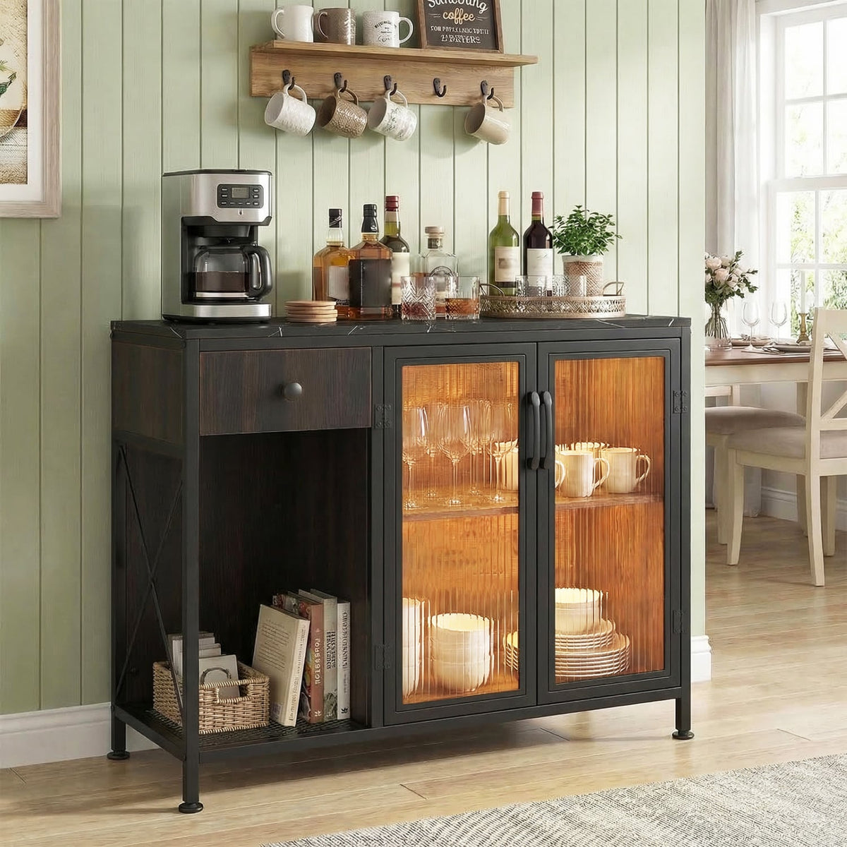 Buffet Sideboard with Doors Power Outlets and LED Light-Black view 2