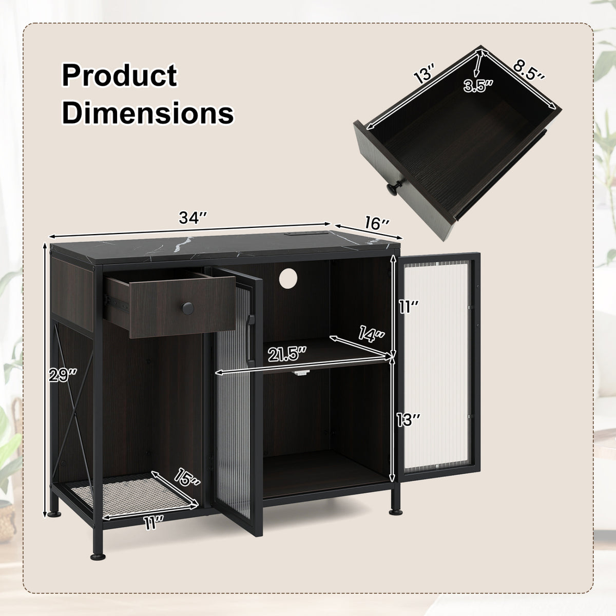 Buffet Sideboard with Doors Power Outlets and LED Light-Black view 5
