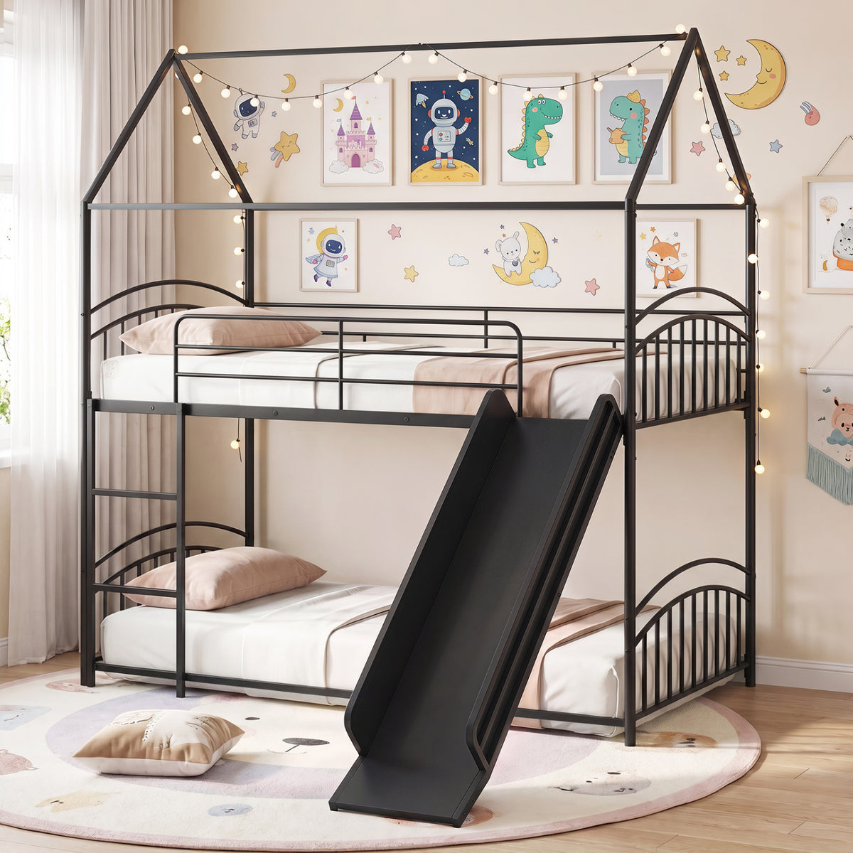 Bunk Bed Twin Over Twin House Bunk Bed Frame with Metal Slats-Black view 2