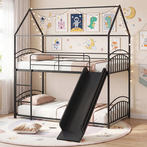 Bunk Bed Twin Over Twin House Bunk Bed Frame with Metal Slats-Black view 2