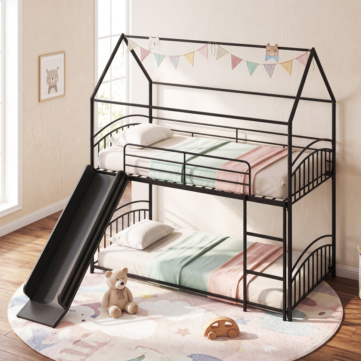 Bunk Bed Twin Over Twin House Bunk Bed Frame with Metal Slats-Black view 3