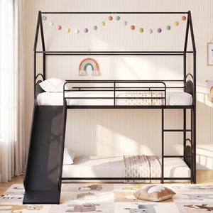Bunk Bed Twin Over Twin House Bunk Bed Frame with Metal Slats-Black view 6