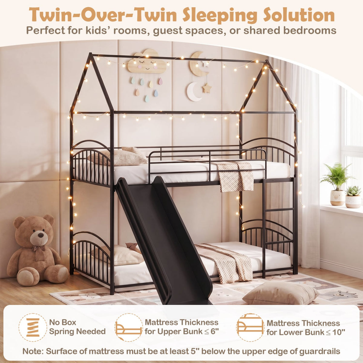 Bunk Bed Twin Over Twin House Bunk Bed Frame with Metal Slats-Black view 7