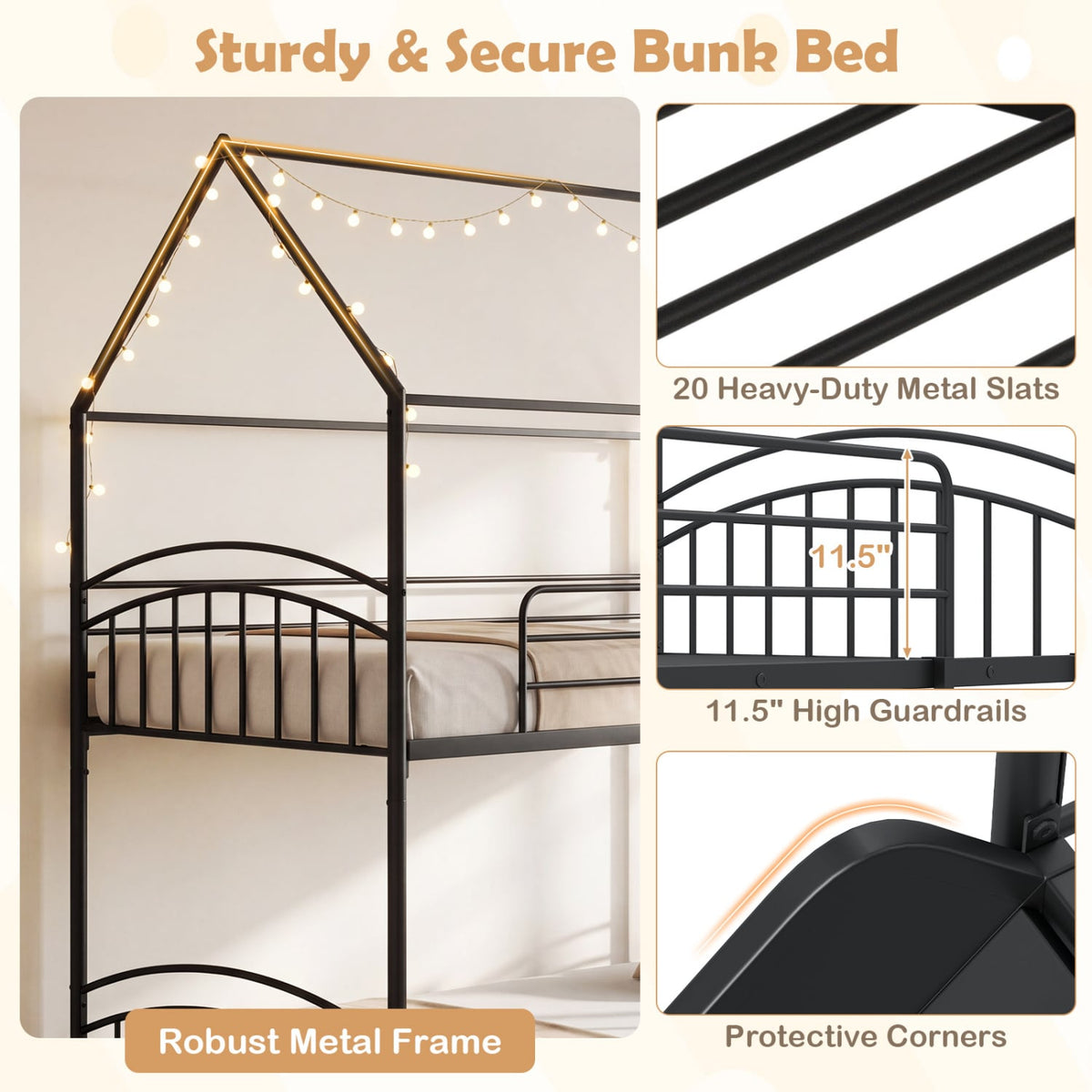 Bunk Bed Twin Over Twin House Bunk Bed Frame with Metal Slats-Black view 9