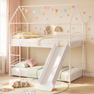 Bunk Bed Twin Over Twin House Bunk Bed Frame with Metal Slats-White view 2