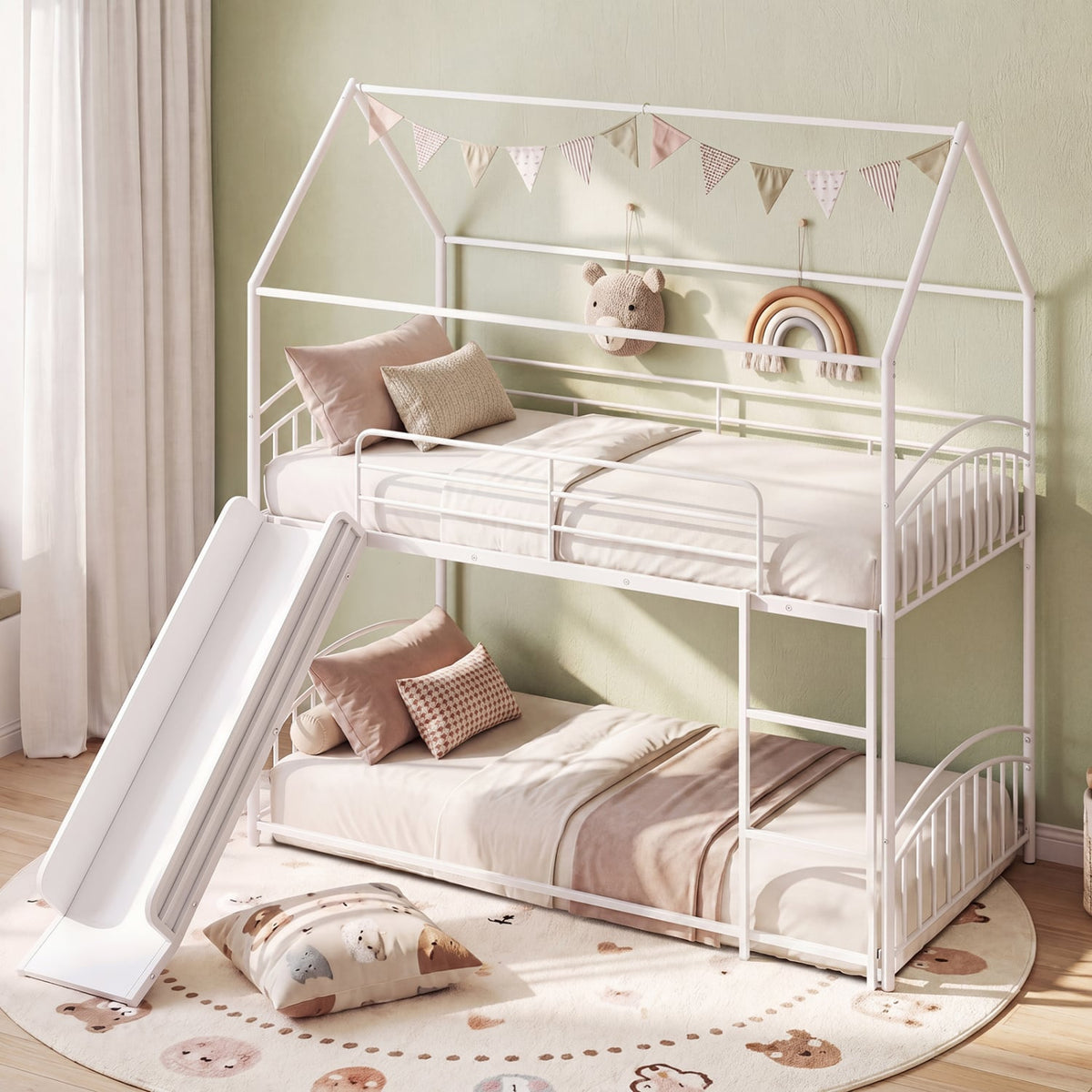 Bunk Bed Twin Over Twin House Bunk Bed Frame with Metal Slats-White view 3