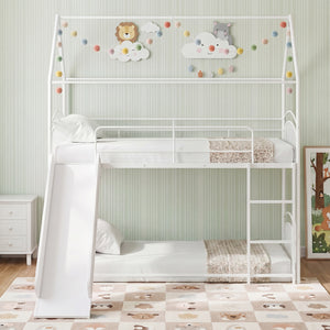 Bunk Bed Twin Over Twin House Bunk Bed Frame with Metal Slats-White view 6