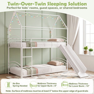 Bunk Bed Twin Over Twin House Bunk Bed Frame with Metal Slats-White view 7