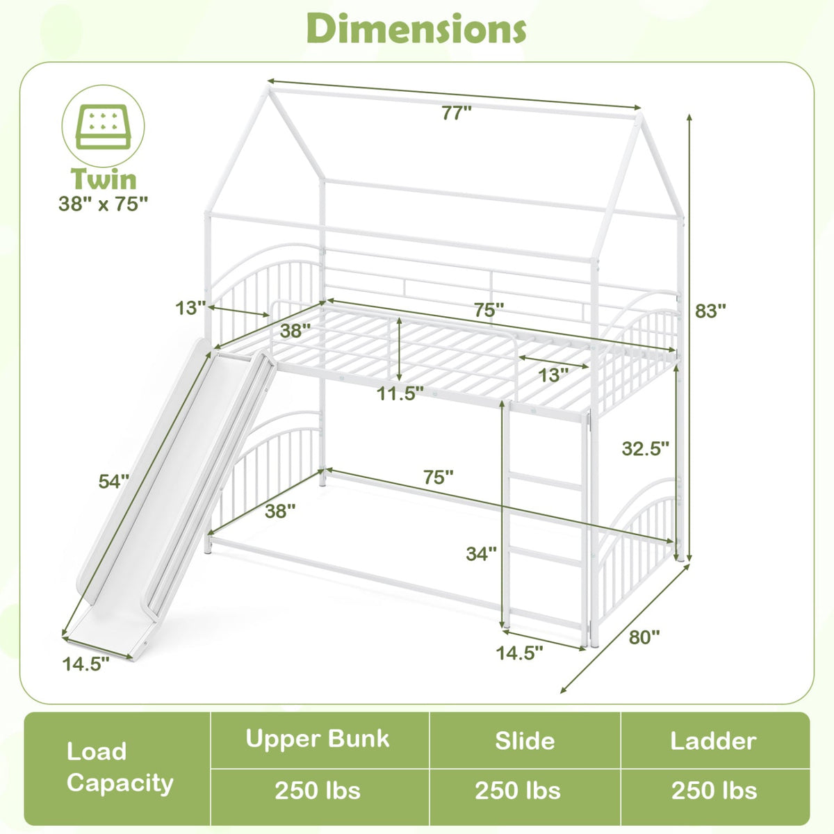 Bunk Bed Twin Over Twin House Bunk Bed Frame with Metal Slats-White view 5