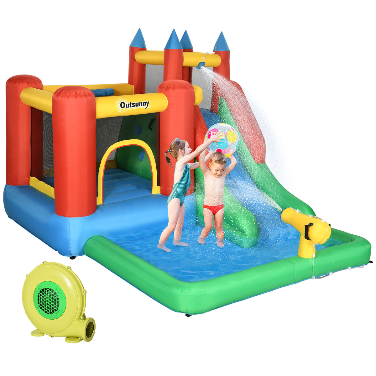 Kids Inflatable 6 in 1 Bouncy Castle House Trampoline Slide Water Pool Gun Climbing Wall Basket with Inflator for Kids Age 3-12 Summer 11.5' x 8.8' x 7' Multi-color