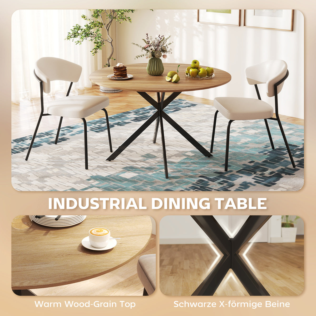 47" Round Kitchen Table for 4, Industrial Dining Table with Steel Legs for Dining Room, Brown and Black
