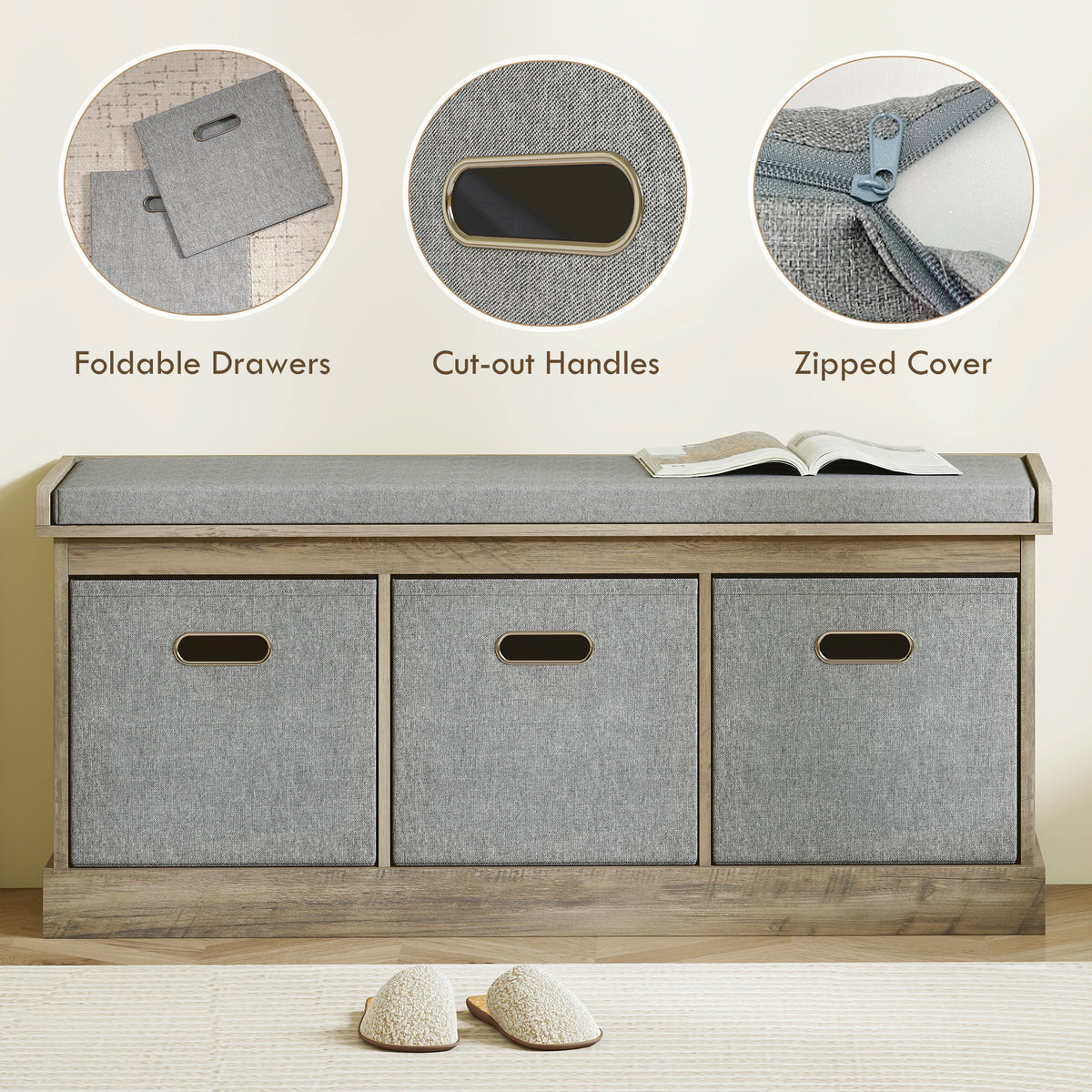 Shoe Storage Bench with Seat, Entryway Bench Seat with Cushion, 3 Fabric Drawers for Hallway, Dark Grey – view 12