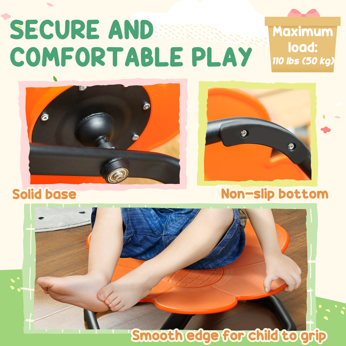 Qaba Flower-Shaped Kids Swivel Chair, Non-Slip Sensory Spinning Chair for Physical Coordination Training, Orange