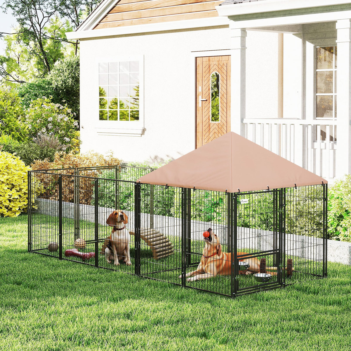 Outdoor Dog Kennel with Rotating and Adjustable Height Bowls, Waterproof UV-Resistant Cover, 11.3' x 4.7' x 5.1'