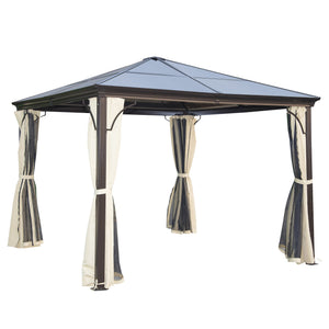 10 x 10 ft Hard Top Gazebo Canopy, Outdoor Patio Shelter with Heavy-Duty Metal Frame, Sun Shade with Curtains and Waterproof Roof for Backyard, Beige Coffee