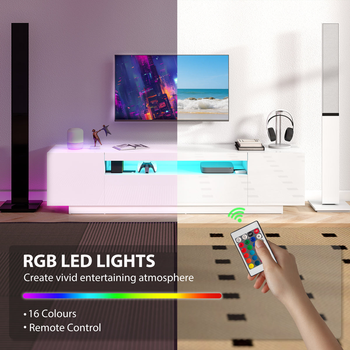 Entertainment Center with RGB LED Lights, TV Stand for 65-85 Inch TV, Modern TV Table for Living Room, High Gloss White