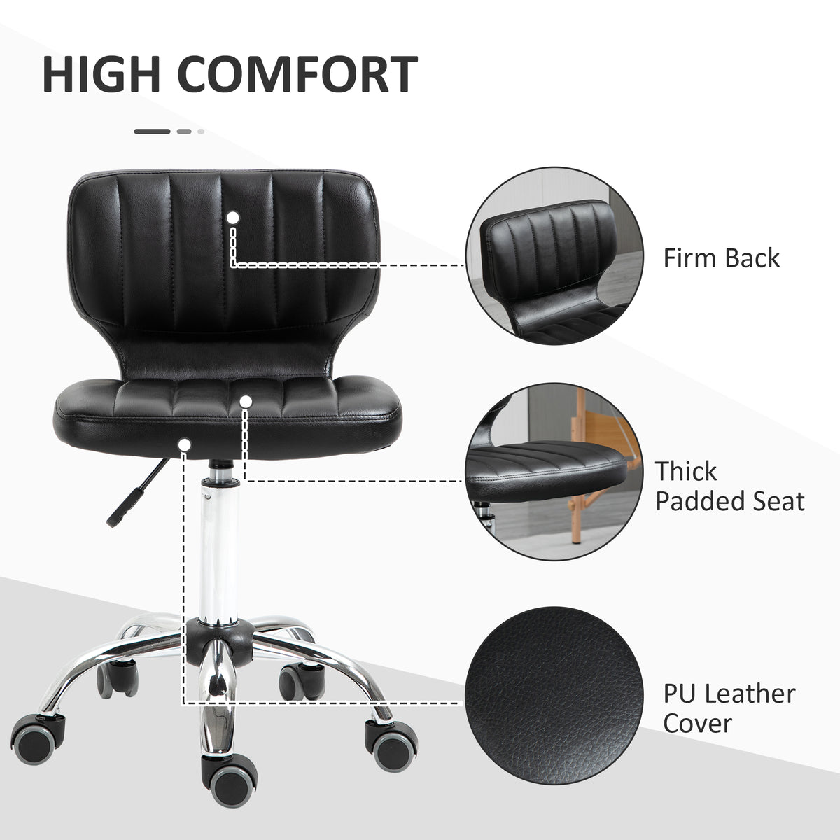 Height Adjustable Salon Stool, PU Leather Rolling Stool with Back, Wheels for Beauty, Spa, Tattoo, Home Office, Black
