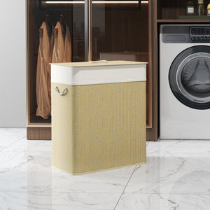 Double Laundry Basket with Lid, 100L Bamboo Laundry Hamper with Rope Handles and Removable Bags, Brown – view 14