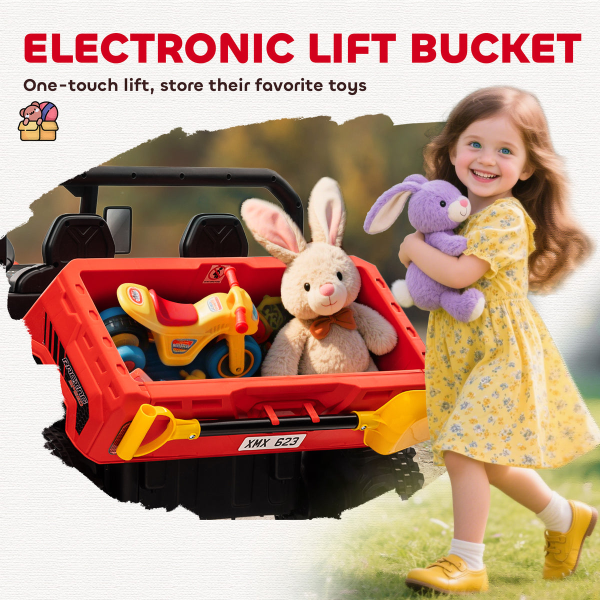 Aosom 12V Ride on Car with Electric Bucket, Two-Seater, Shovel, Remote Control, Spring Suspension, Horn, Music