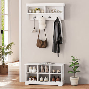 Coat Rack Shoe Bench Set, Entryway Shoe Bench with 8 Storage Cubbies, 4 Hooks for Hallway, Living Room, White
