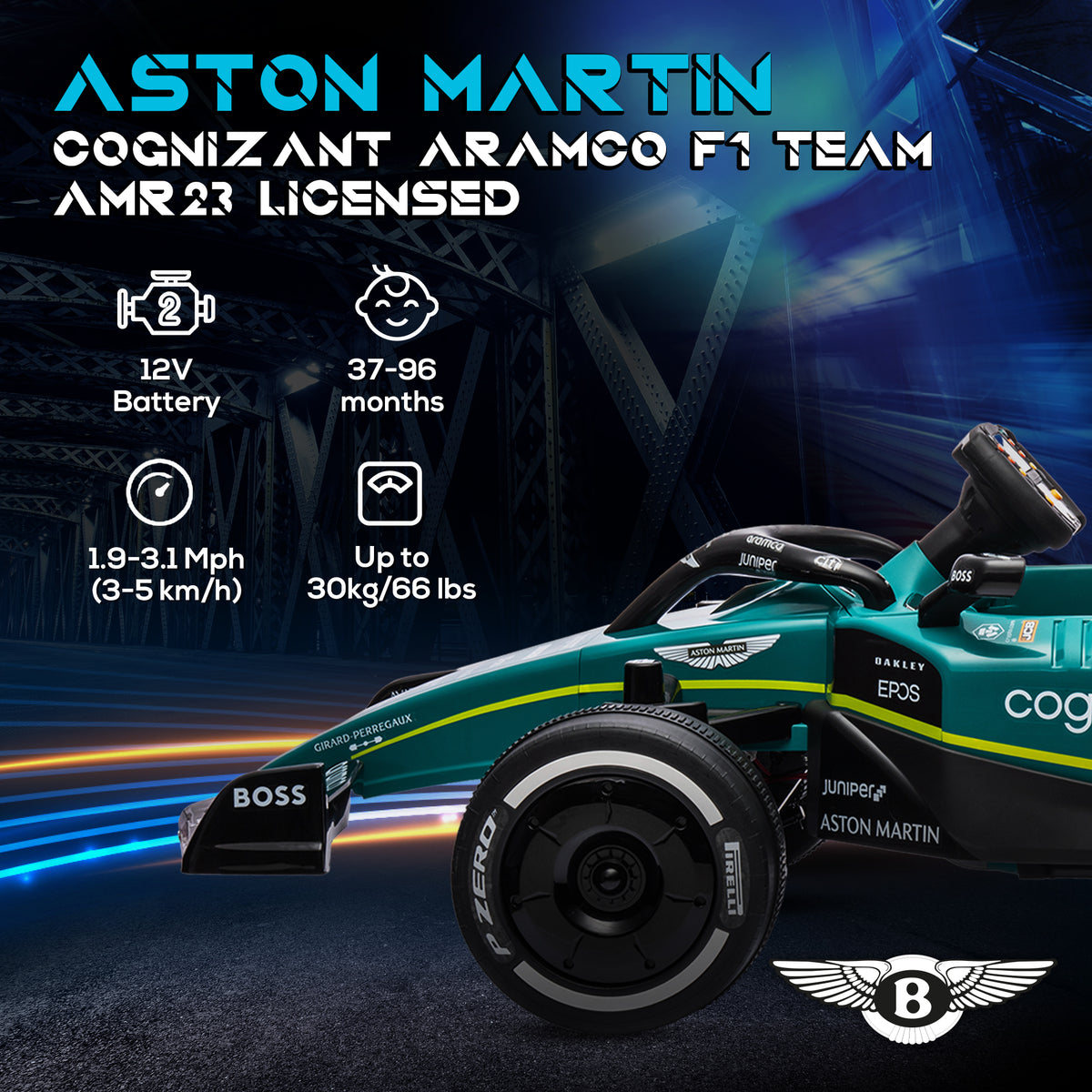 Qaba Aston Martin Licensed 12V Electric Go Kart, Kids Ride on Car with 4 Shock-Absorbing Wheels, Remote Control