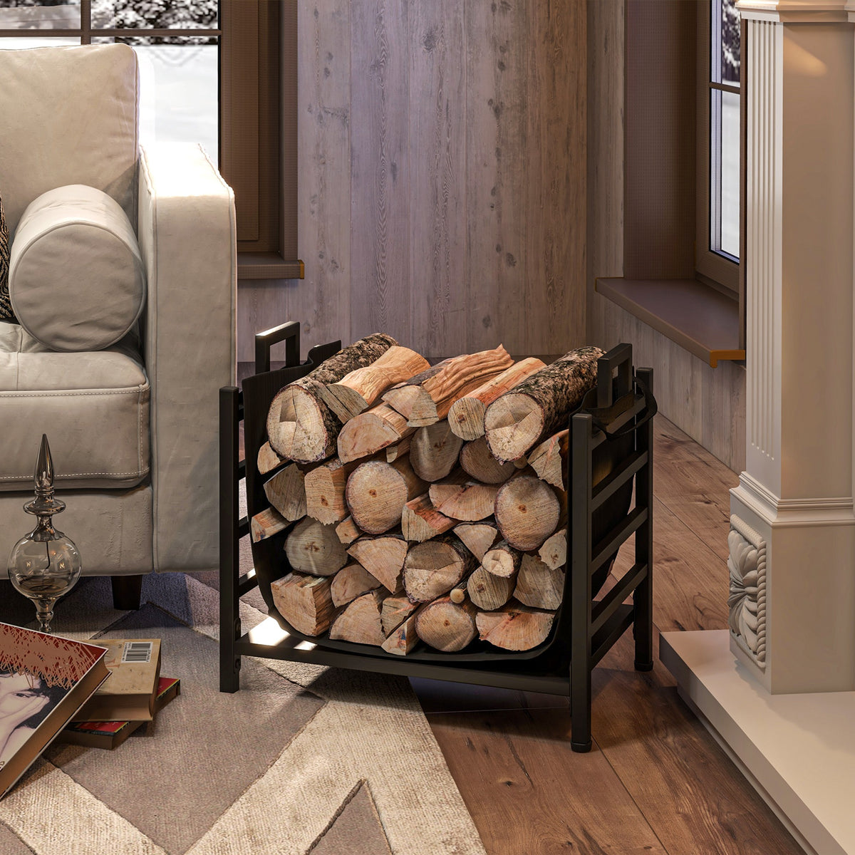 Outdoor Firewood Rack with Log Carrier, Heavy Duty Steel Wood Log Storage Stacker for Fireplace, Black