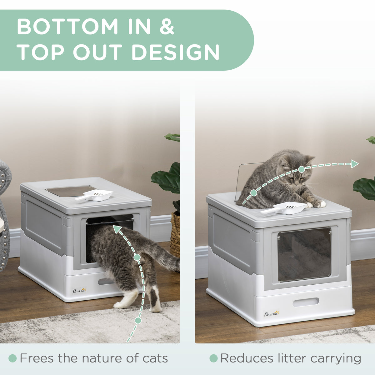 Top Entry Enclosed Kitty Litter Box with Scoop, Tray, Front Entry, Large Space, Foldable, Portable, Grey – view 5
