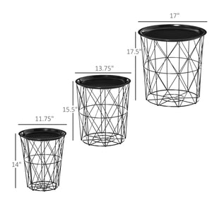 Set of 3 Nesting Coffee Tables with Storage, Round End Table with Removable Tray, Basket Side Tables with Metal Frame for Living Room, Black