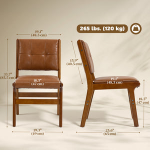 Set of 2 Kitchen Chairs, Button Tufted PU Leather Upholstered Dining Chairs with Rubberwood Legs for Dining Room, Brown