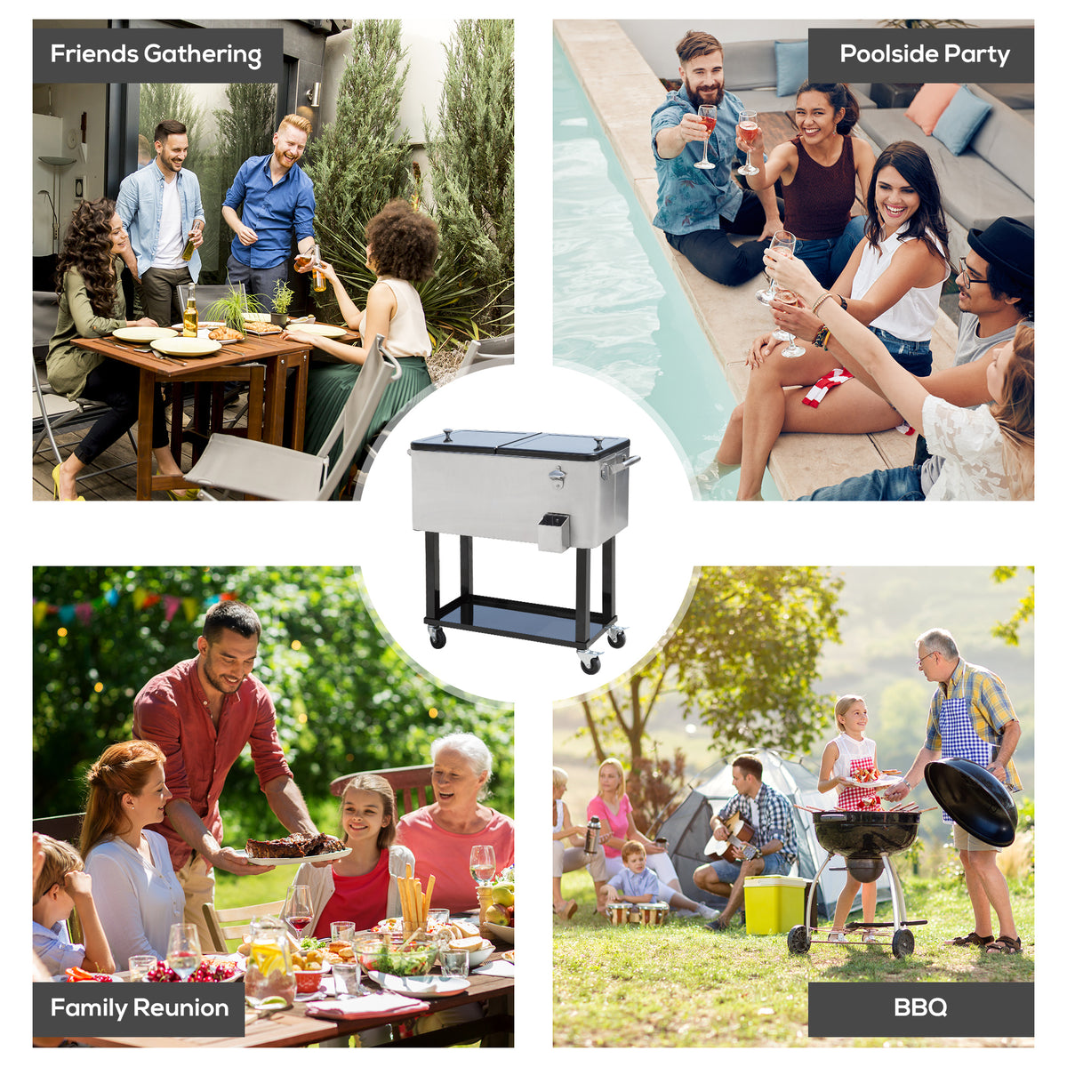 80 Quart Rolling Cooler Cart Ice Beer Beverage Cooling Bin for Outdoor Party, 35.4" x 15.4" x 32.7", Silver