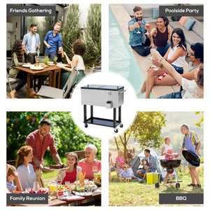 80 Quart Rolling Cooler Cart Ice Beer Beverage Cooling Bin for Outdoor Party, 35.4" x 15.4" x 32.7", Silver