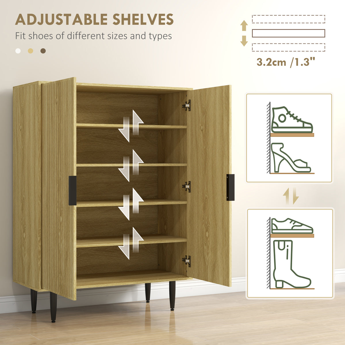 Entryway Shoe Cabinet with 5-Tier Shelving and Adjustable Shelves, 15 Pair Shoe Storage Organizer for Hallway, Oak