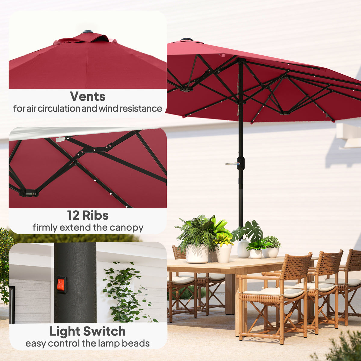 174" Double-Sided Sun Umbrella Garden Parasol Patio Sun Shade Outdoor with LED Solar Light, Khaki – view 25