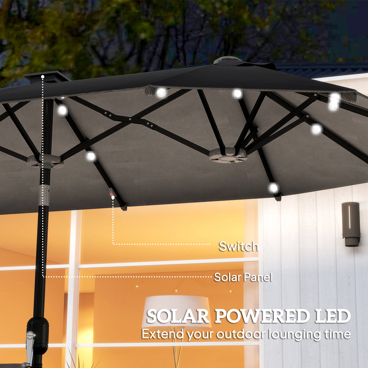 10ft Double-Sided Patio Umbrella with 35 LED Lights, 12 ribs, Extra Large Outdoor Parasol with Twin Canopy, Dark Grey