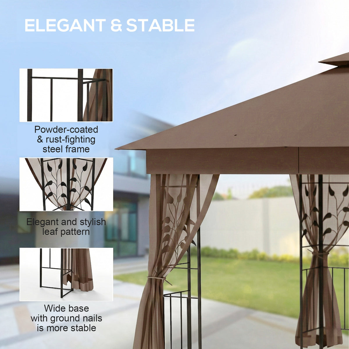 10'x10' Soft-top Steel Patio Gazebo Outdoor Sun Shelter with 2-Tier Polyester Roof, Curtain Sidewalls, Beige – view 32