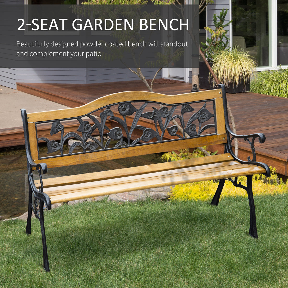50" 2-Seater Garden Bench Chair, Loveseat for Yard, Lawn, Porch, Patio, Cast Iron/ Wooded, Natural