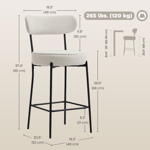 Set of 2 Barstools, Upholstered Corduroy Bar Stools with Backrest, Footrest for Kitchen Island, Dining Room, Cream White