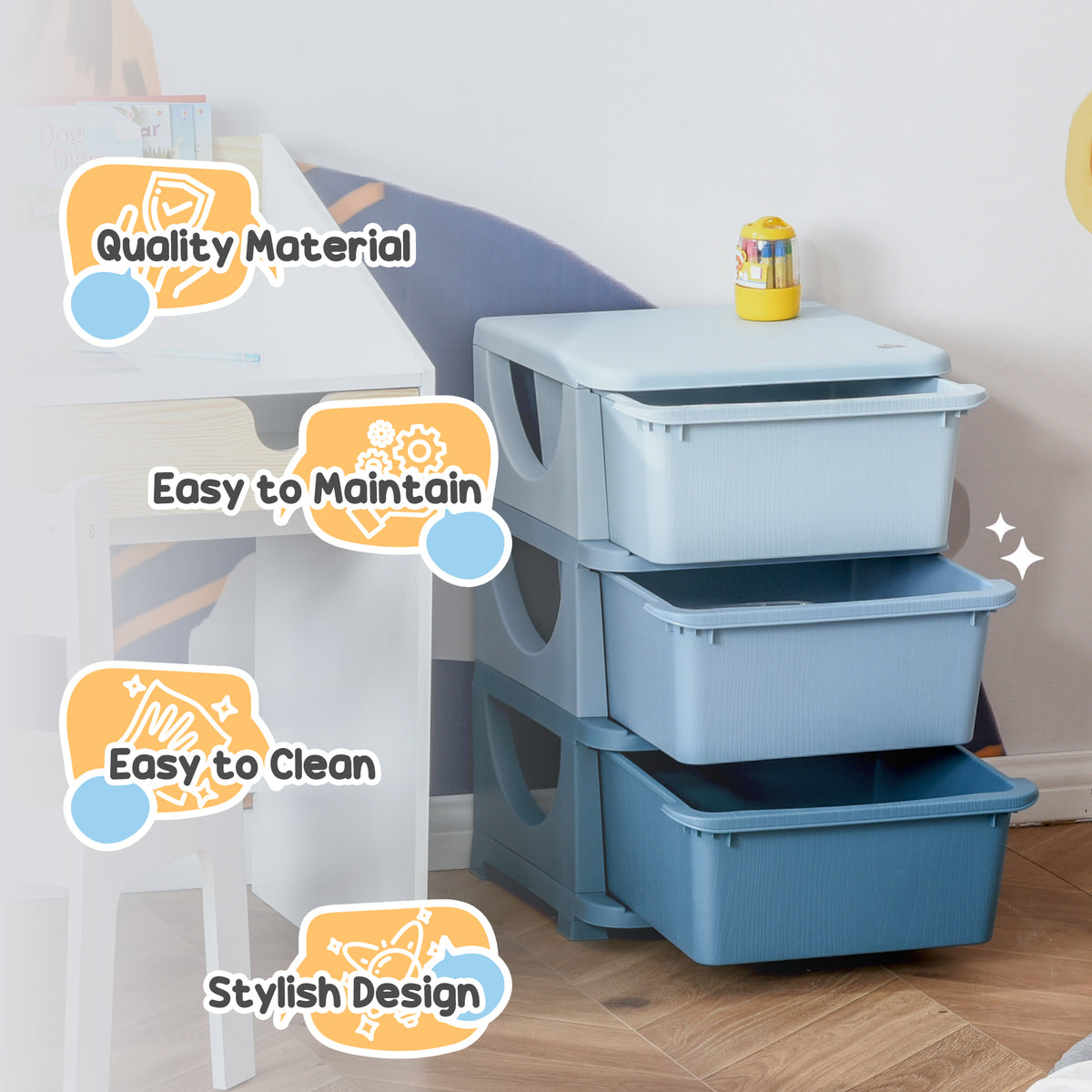 3 Tier Kids Toy Organizer and Storage Bins with 3 Plastic Drawers, Blue