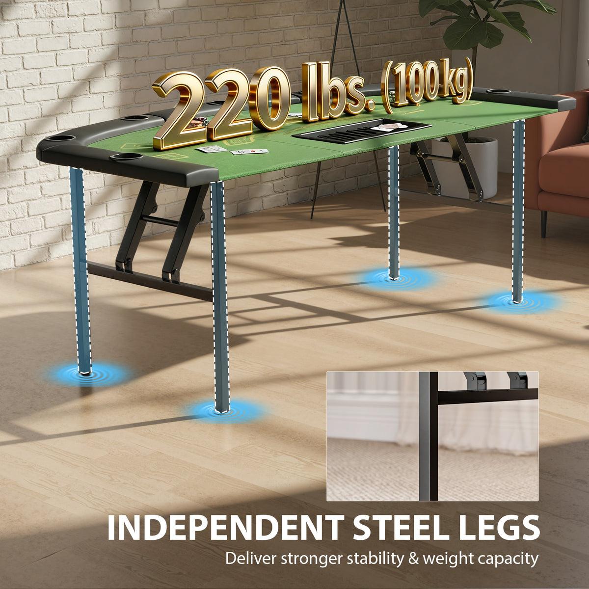 Soozier Poker Table Foldable, 72" 8 Player Casino Leisure Blackjack Texas Holdem Poker Table with 7 Cup Holders, Green