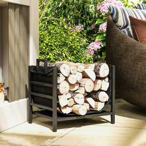 Outdoor Firewood Rack with Log Carrier, Heavy Duty Steel Wood Log Storage Stacker for Fireplace, Black
