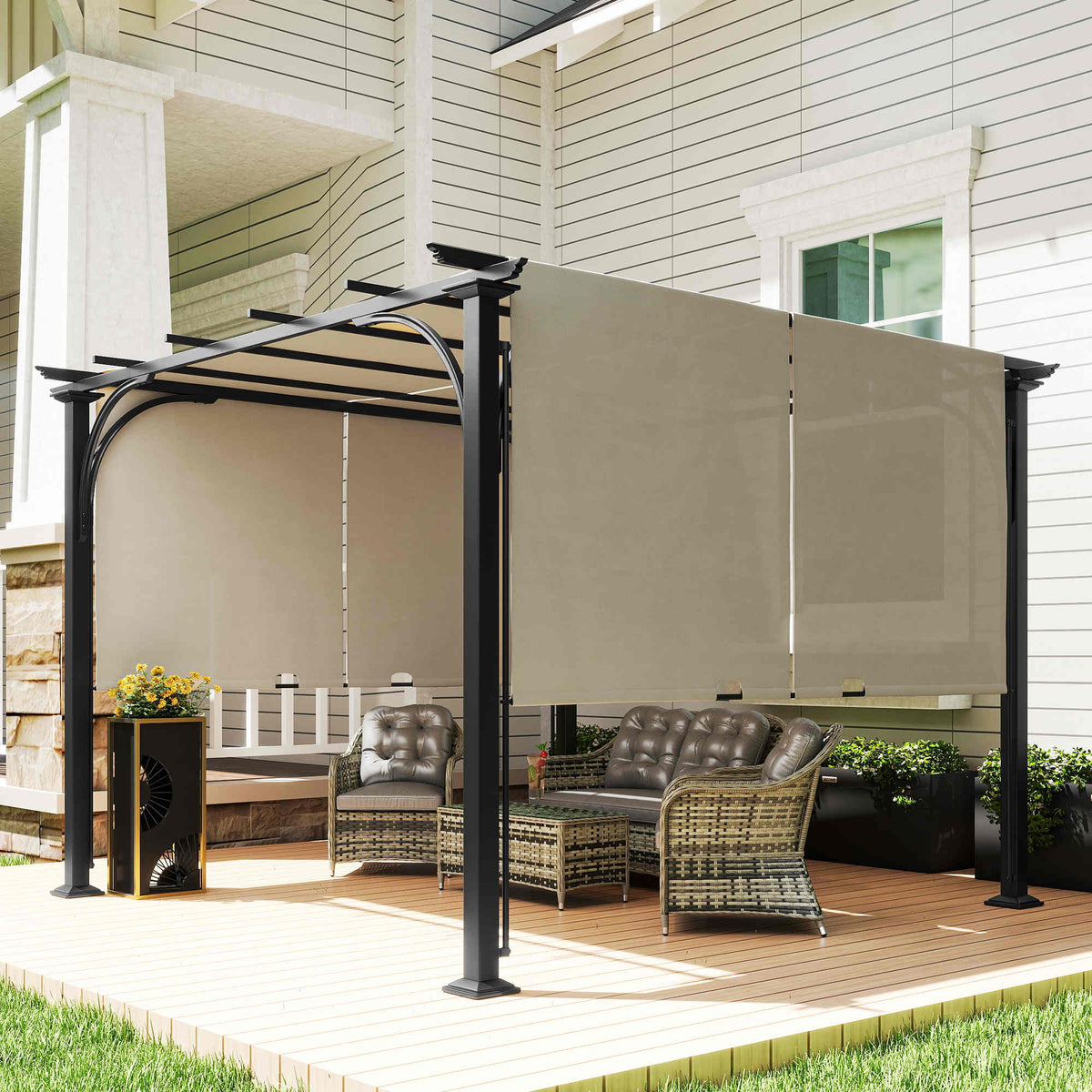 10' x 10' Outdoor Pergola Patio Gazebo Canopy Sun Shelter, Steel Frame, Beige – view 6