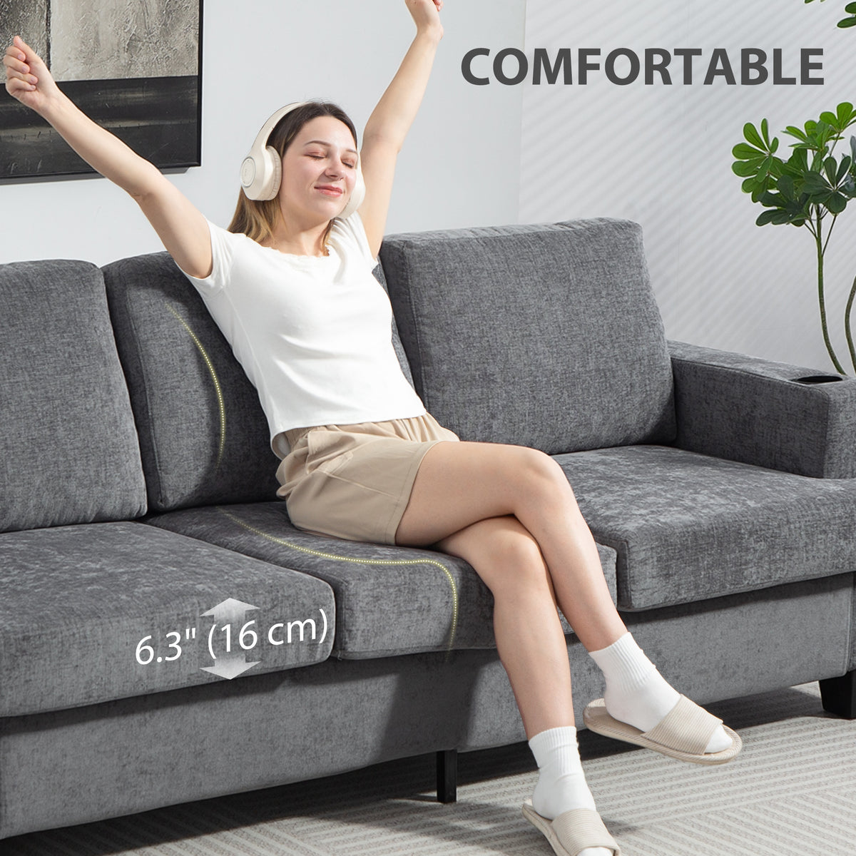 3 Seater Sofa with USB Ports & Cup Holders, Chenille-Feel Upholstered Couch for Living Room, Grey – view 6